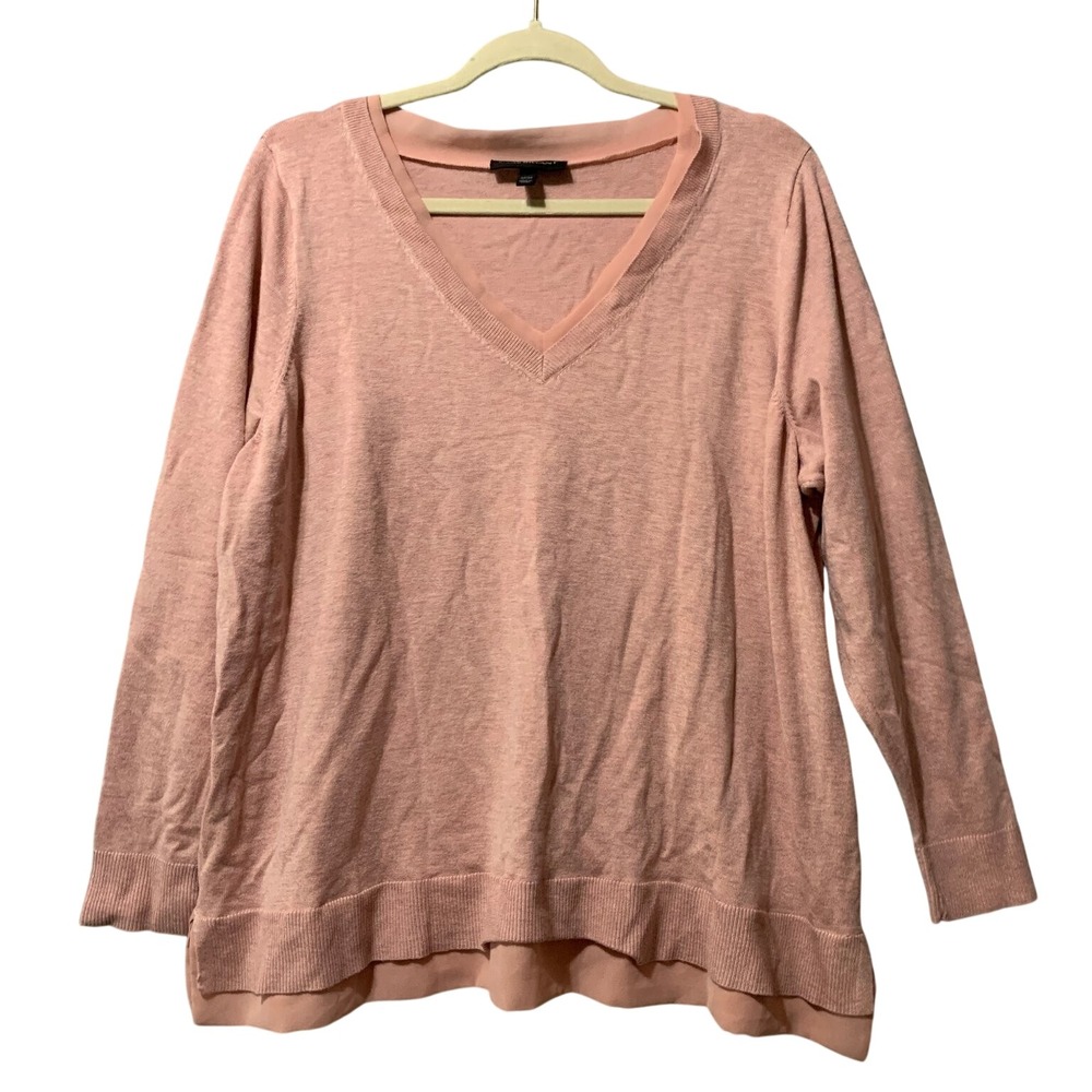 Lane Bryant Pink V Neck Sweater Size 22/24 Sheer Trim Layered Hem Boho Soft